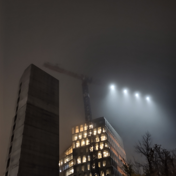 A foggy cityscape with a construction crane and to high rises in the dusk.