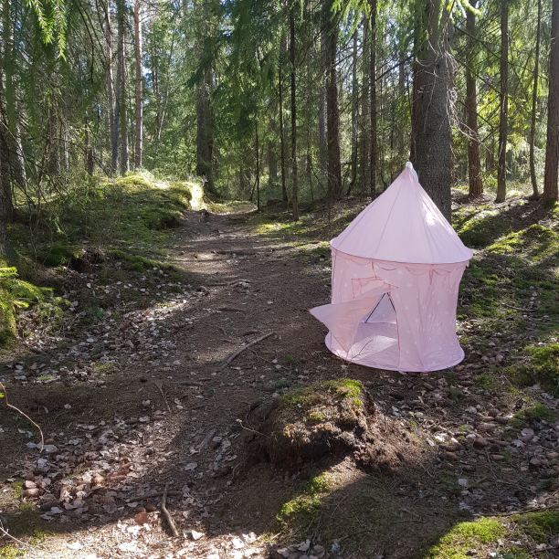 On a walk in the forest, when suddenly: A wild tent appears A pink toy tent in the middle of a green forest.