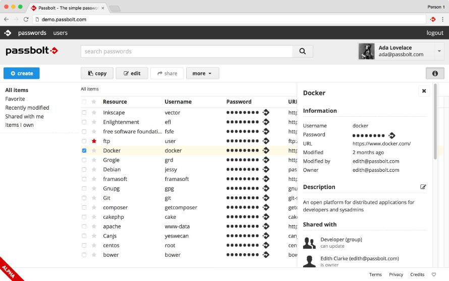 Passbolt user interface. Passbolt user interface.