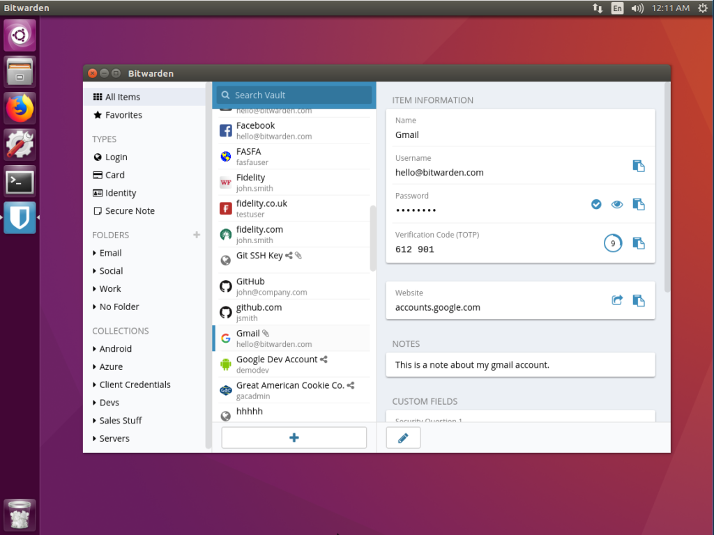 Bitwarden native client running on Ubuntu Linux.