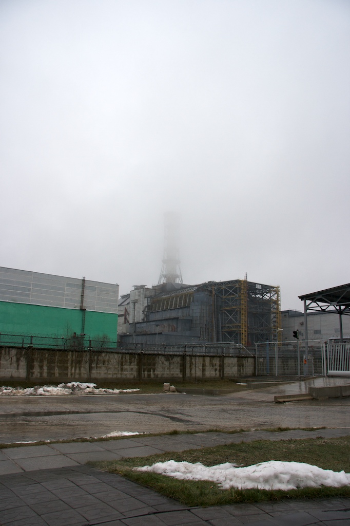 Chernobyl reactors 3 and 4. The sarcophagus covering the remains of reactor 4 in the foreground, reactor 3 in the background.