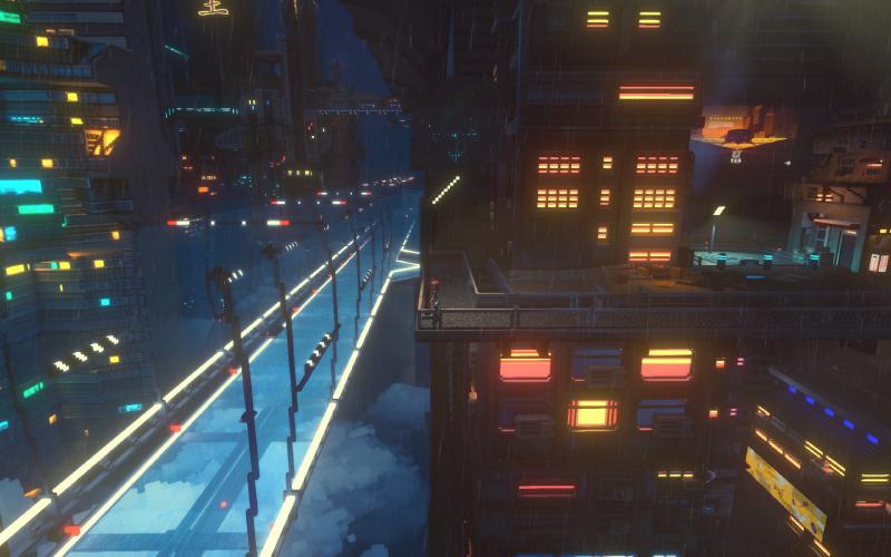 The rain-drenched, neon-lit city of Nivalis.