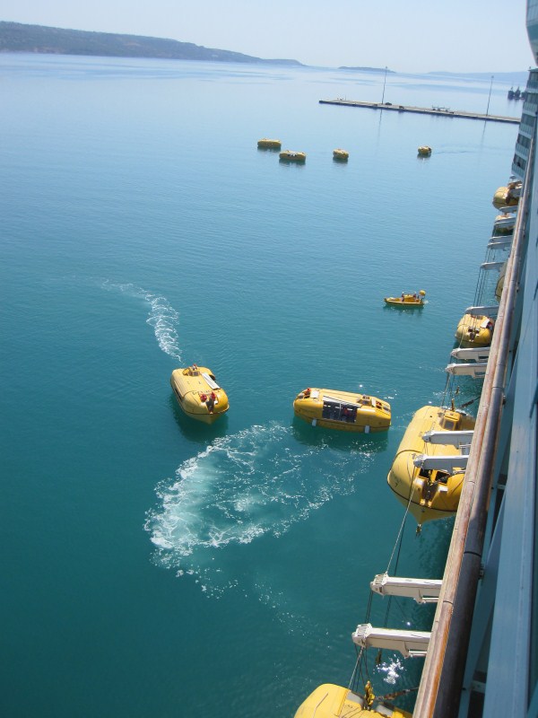 The crew of the Navigator of the Seas performed an evacuation drill while docked in Souda, and I’m happy to report that our life boat worked as expected.
