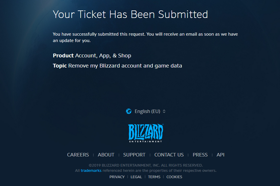 Screenshot of a ticket to delete a Blizzard account.