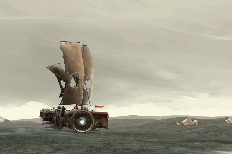 Screenshot from FAR: Lone Sails showing the okomotive crossing a rare, green field.