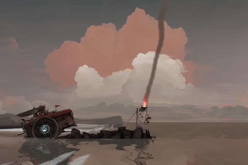 Screenshot from FAR: Lone Sails showing the okomotive wrecked on the beach.