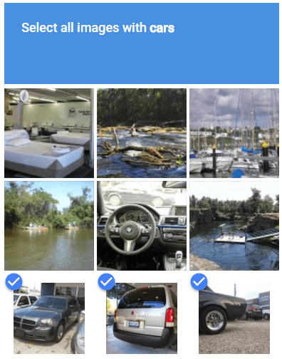 Google’s reCAPTCHA. Select all the images of cars.