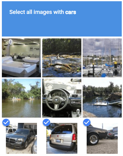 Google&rsquo;s reCAPTCHA. Select all the images of cars.