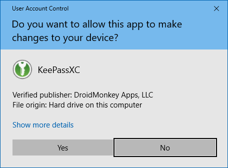 KeePassXC Windows 10 User Access Control warning.
