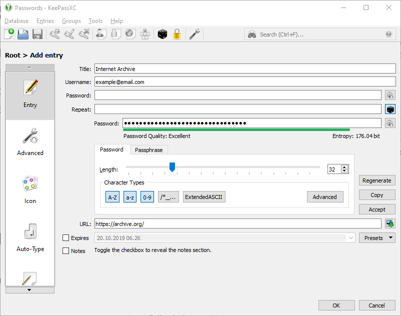 KeePassXC adding a new entry password generation.