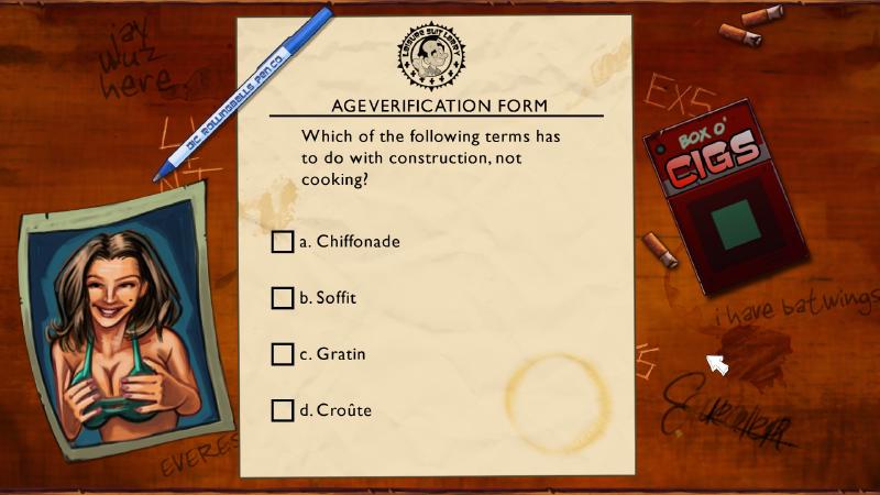 The age verification test, a classic Larry game feature.
