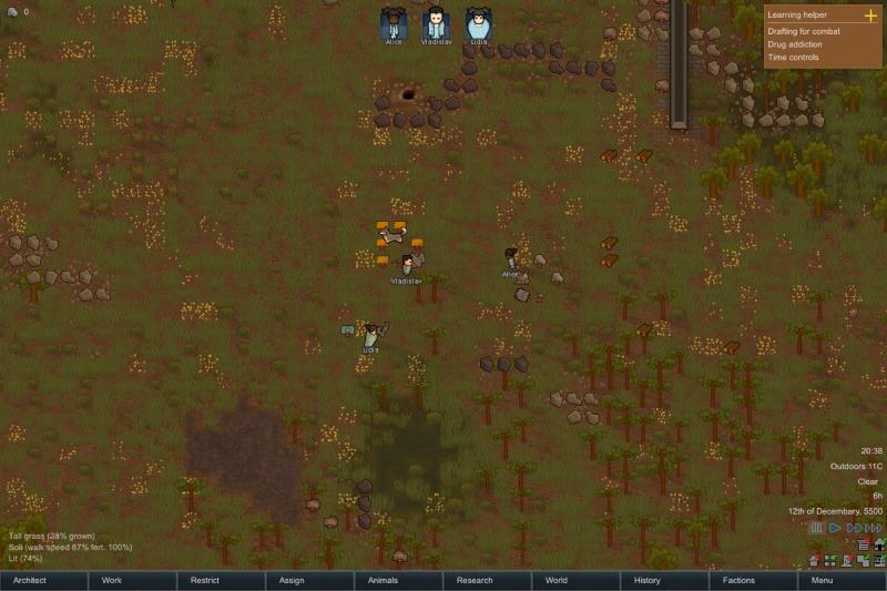 The three colonists just after the crash landing. Their resources are spread all around them.
