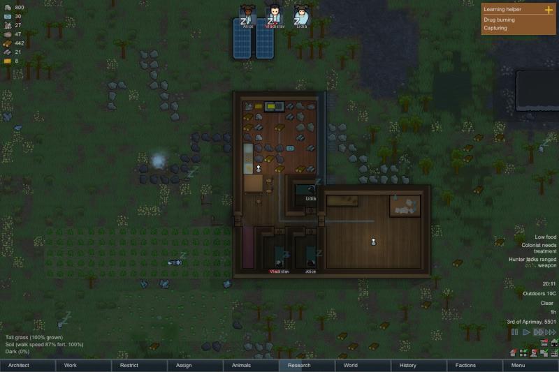 A view of the campsite. The colonists are in their beds in the common room.