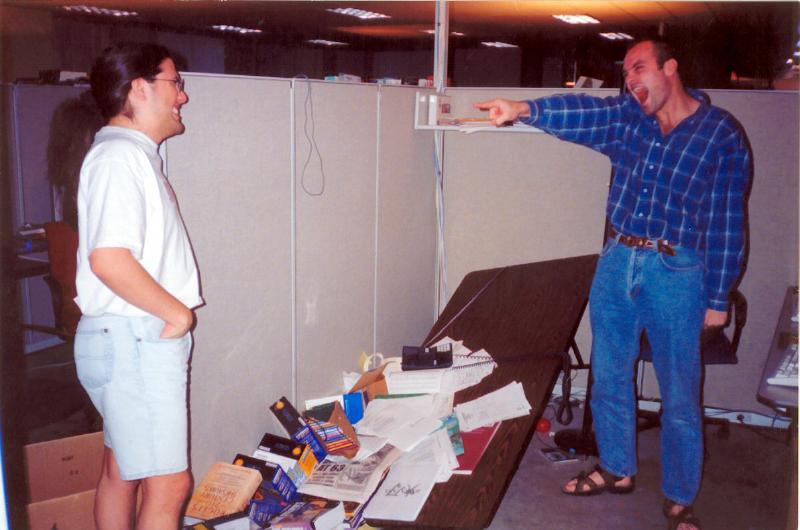 1997 @ Ion Storm after losing @ Deathmatch Noel is laughing at me &amp; my demolished desk and computer #tbt #quake