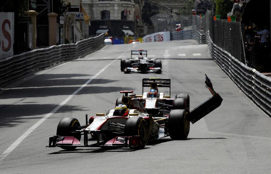 Pedro De La Rosa (ESP) HRT Formula One Team HRT F112 with a broken wing. Formula One World Championship, Rd6, Monaco Grand Prix, Race Day, Monte-Carlo, Monaco, Sunday, 27 May 2012. © Sutton Images. No reproduction without permission. Pedro De La Rosa (ESP) HRT Formula One Team HRT F112 with a broken wing. Formula One World Championship, Rd6, Monaco Grand Prix, Race Day, Monte-Carlo, Monaco, Sunday, 27 May 2012. © Sutton Images. No reproduction without permission.