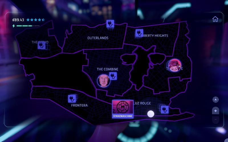 Screenshot from Neo Cab showing the Los Ojos map with available passenger pickups.