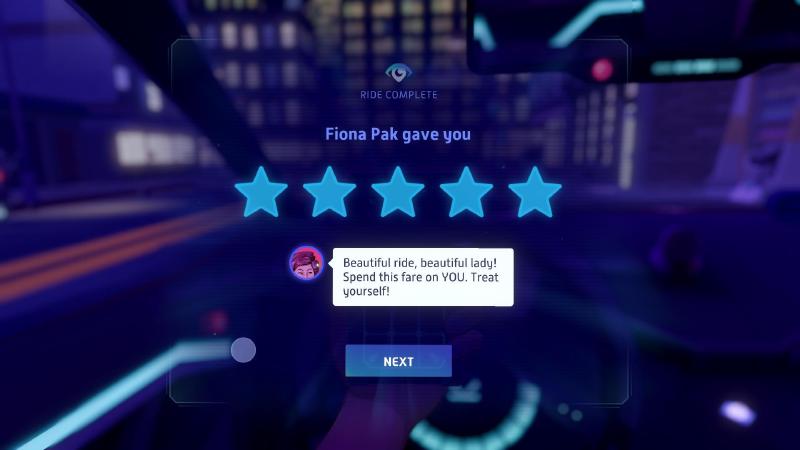 Screenshot from Neo Cab showing a ride end rating of 4 with the comment &quot;Beatiful ride, beatiful lady! Spend this fare on YOU. Treat yourself!&quot;