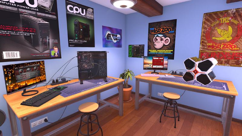 A screenshot from PC Building Simulator showing a very nerdy computer workshop with posters on the walls and two workbenches with computers on them.