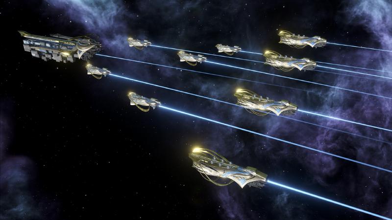 A trader fleet in Stellaris MegaCorp.
