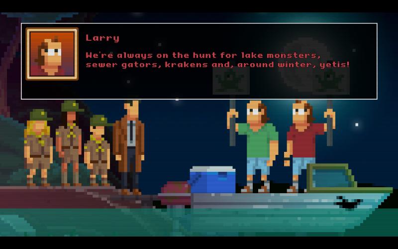 A screenshot from The Darkside Detective showing dialogue with two identical twins on a boat.