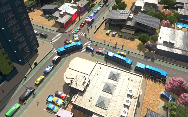 Aerial photo from Cities Skylines showing a gridlock caused by buses lining up at a crowded bus stop.