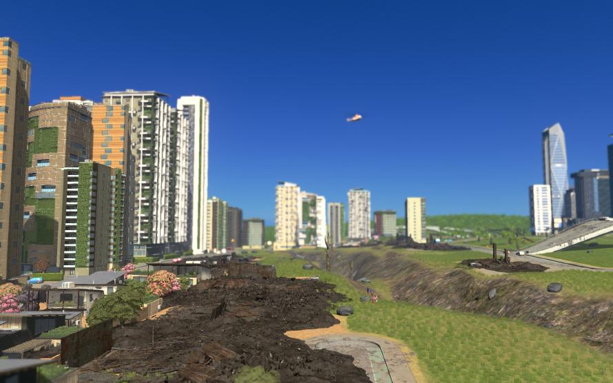 Aftermath of the 2027 earthquake. The aftermath of the 2027 earthquake. Collapsed buildings, destroyed roads, and a rescue helicopter hovering in the background.