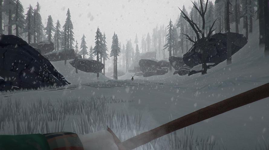 The Long Dark: Hunting high and low. A snowy landscape with a dear in the distance.
