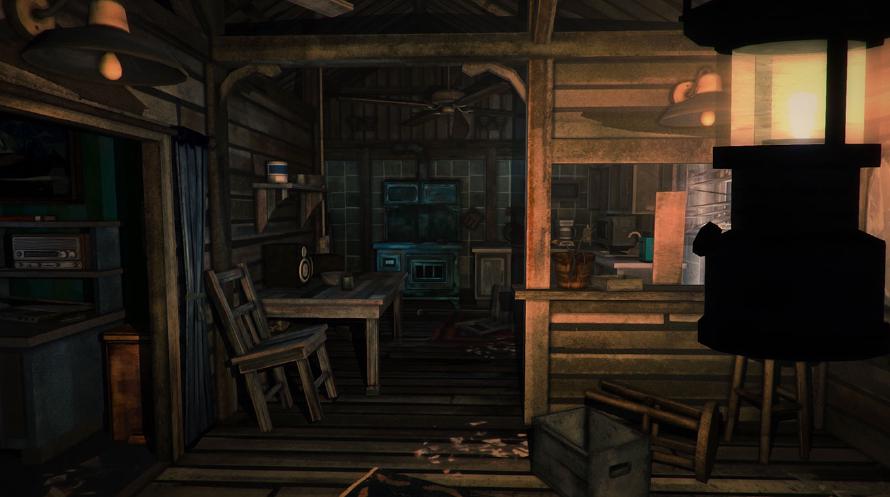 The Long Dark: Surviving means looting. The interior of an old, abandoned wooden cabin.