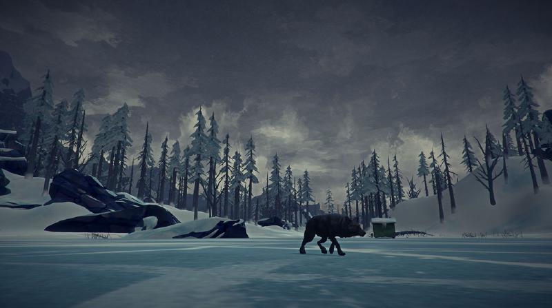 The Long Dark Screenshot showing a lone wolf walking over a frozen lake during a moon lit night.