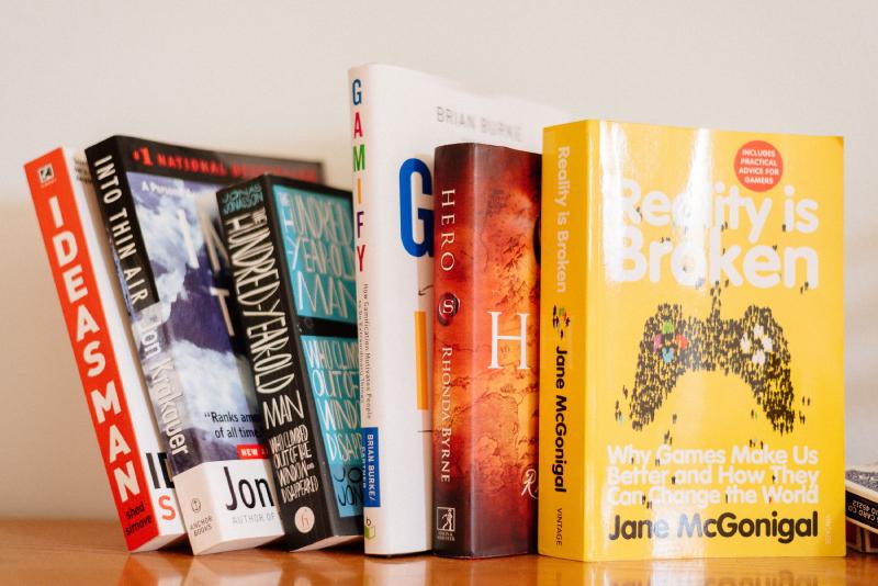Closeup photo of six novel books.