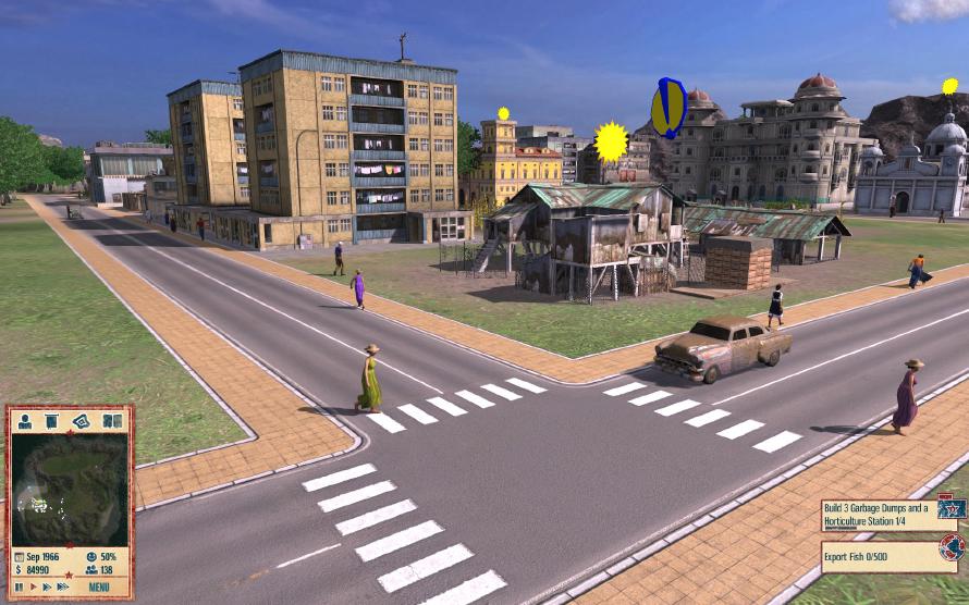 A quiet Tropico intersection. People are never hit by cars, they actually jump out of the car's way if they come too close. A quiet Tropico intersection. People are never hit by cars, they actually jump out of the car’s way if they come too close.