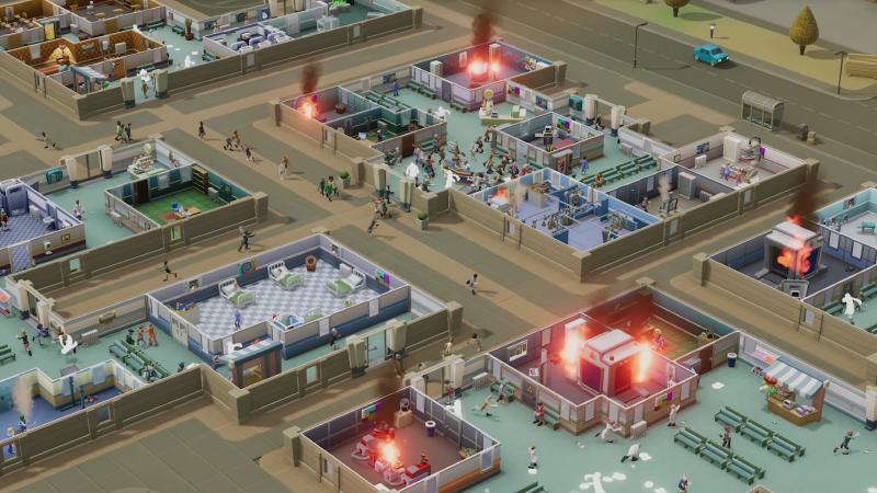 Two Point Hospital on fire.