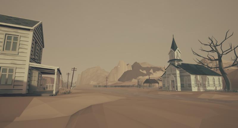 Screenshot from UNDER the SAND showing a house and a church in the desert.