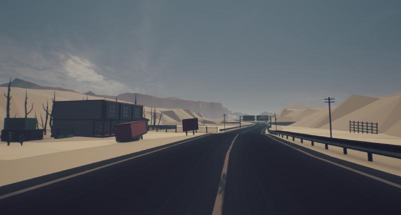 Screenshot from UNDER the SAND showing the exterior of a saloon, and a road through the desert.
