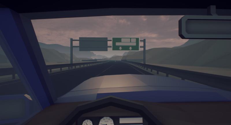Screenshot from UNDER the SAND showing the interior of the car, and a the view through the windshield.