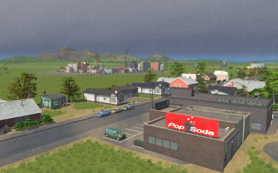 The general store on Scarlett Street. I suddenly got a craving for a Pop Soda. Screenshot from Cities: Skylines showing a general store with a residential district in the background.
