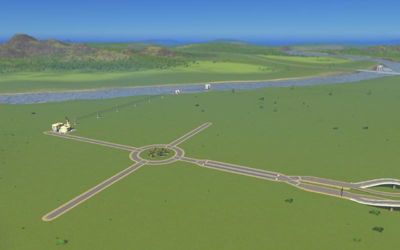 Screenshot from Cities: Skylines showing the first few roads of Marble Cliffs.