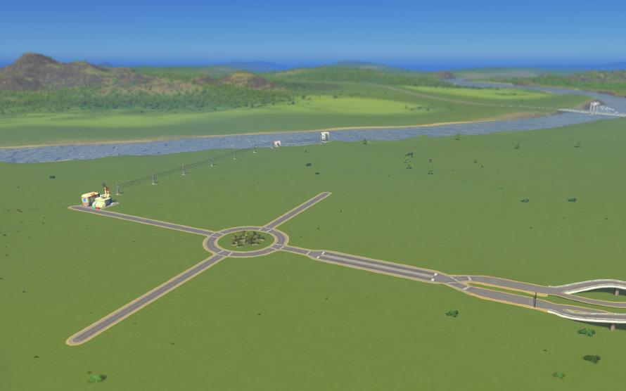 The humble beginnings of Marble Cliffs. Screenshot from Cities: Skylines showing the first few roads of Marble Cliffs.
