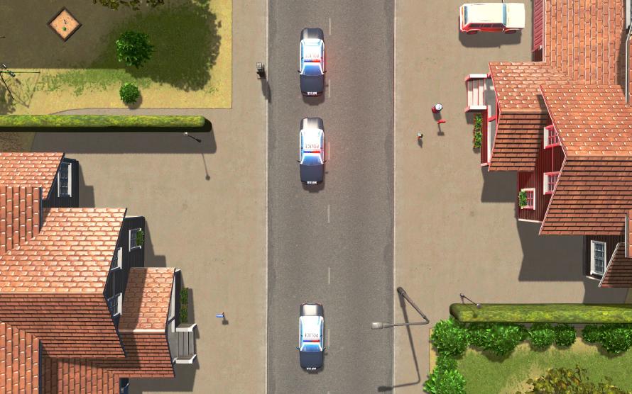 The Marble Cliffs police force responds in force to reports of horseplay at the arcade. Screenshot from Cities: Skylines showing an overhead view of three police cars respond with blue lights.