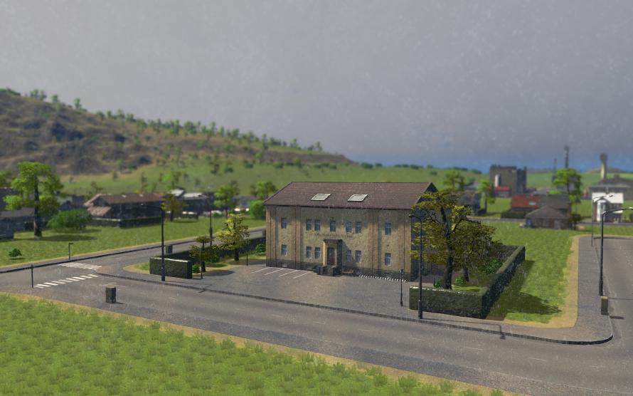 The Stone Rock Elementary School for Averagely Gifted Children. Screenshot from Cities: Skylines showing Marble Cliffs’ famous Stone Rock Elementary School for Averagely Gifted Children.
