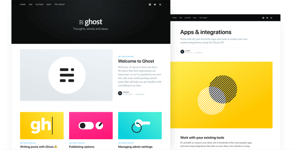 Ghost with its default theme. Ghost with its default theme.