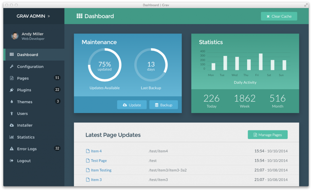 The Grav admin plugin dashboard. The Grav admin plugin dashboard.