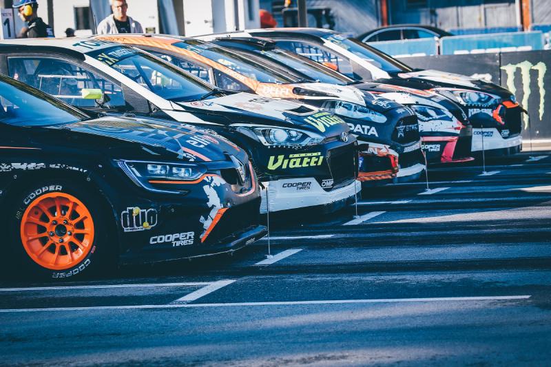 Five FIA World Rallycross Championship racing cars at the starting line at the 2018 World RX of Latvia.